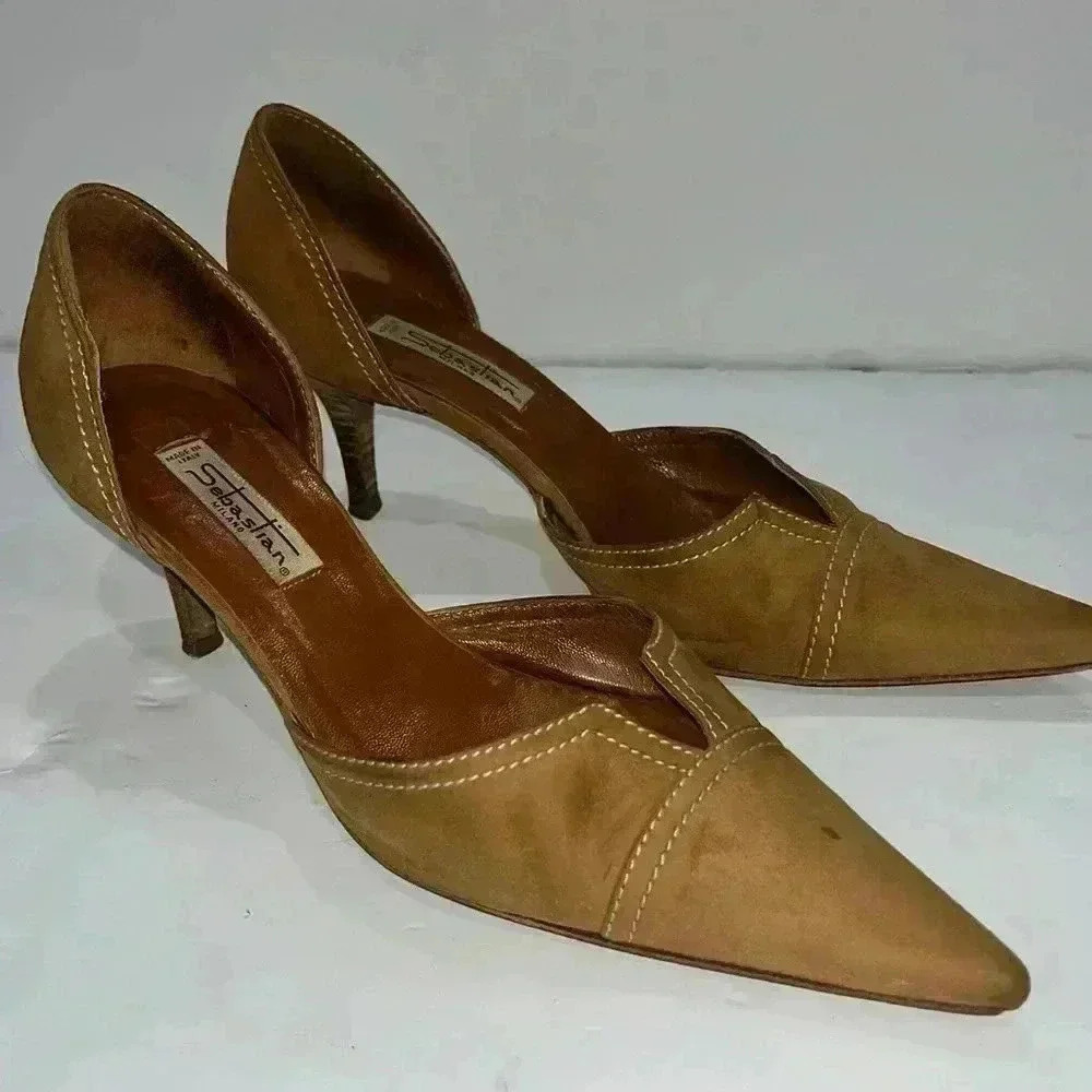 Sebastian Milano suede pointy toe slide on heels